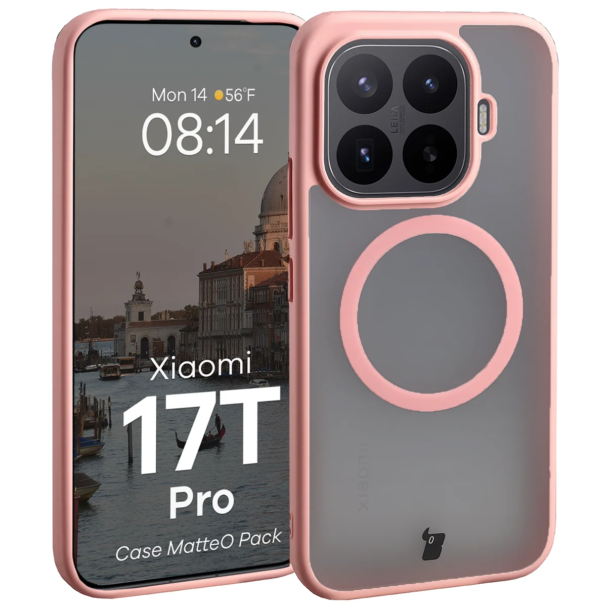 Schutzhülle mit Magnetring + gehärtetem Glas für Xiaomi 17T Pro, Bizon MatteO Pack, Getönt-Hellrosa