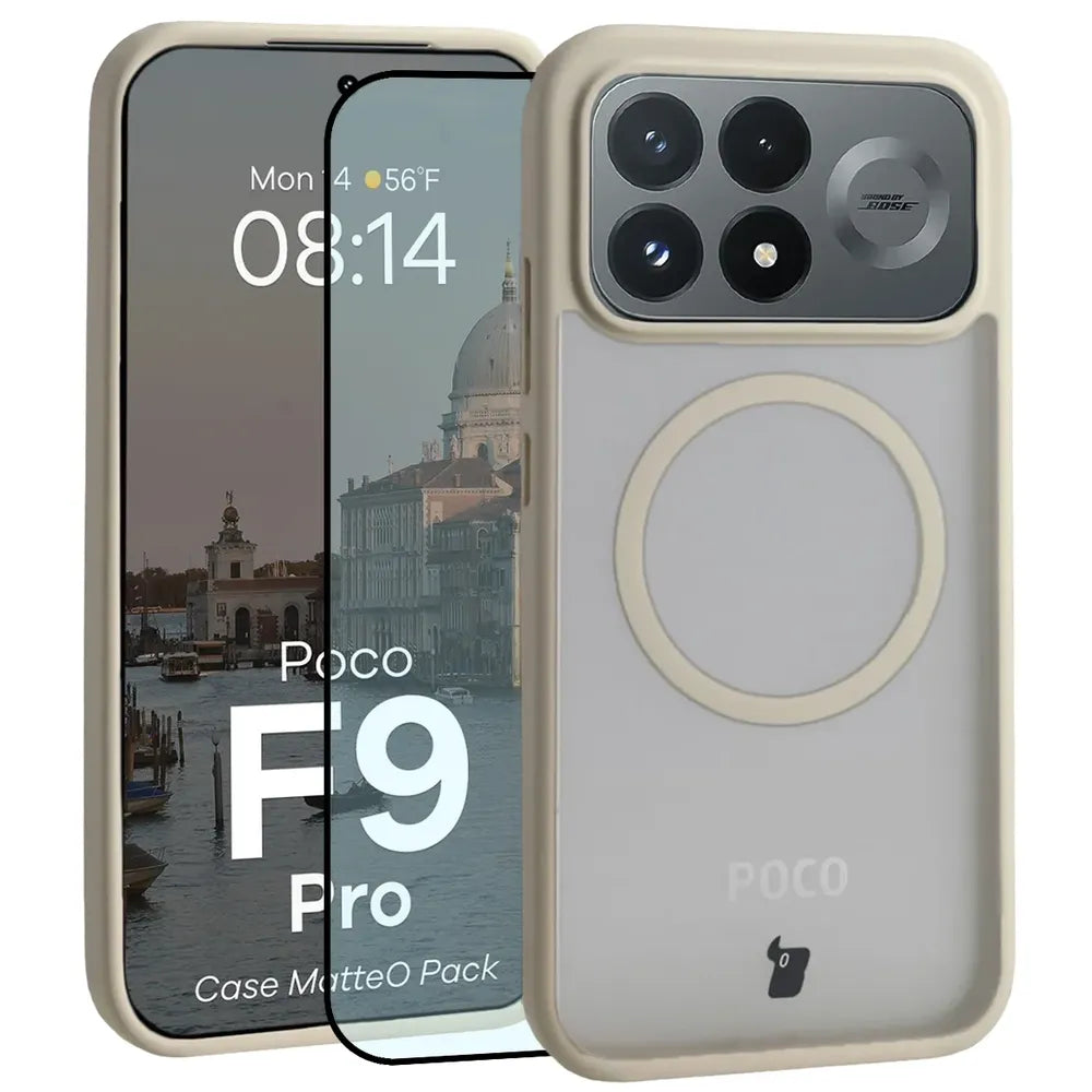 Handyhülle mit Magnetring + gehärtetem Glas für Xiaomi POCO F9 Pro, Bizon MatteO Pack, Getönt-Beige (1/9)
