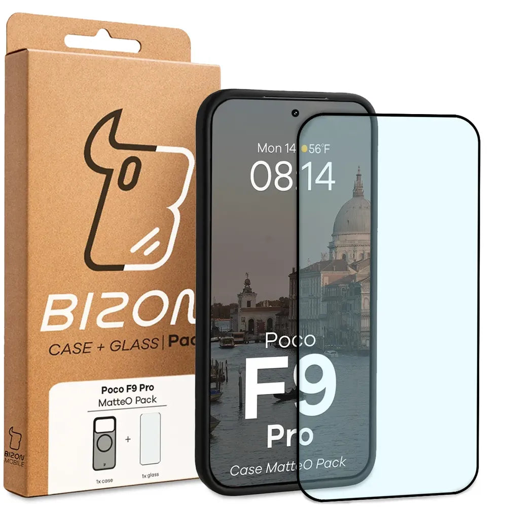 Handyhülle mit Magnetring + gehärtetem Glas für Xiaomi POCO F9 Pro, Bizon MatteO Pack, Getönt-Schwarz (9/9)