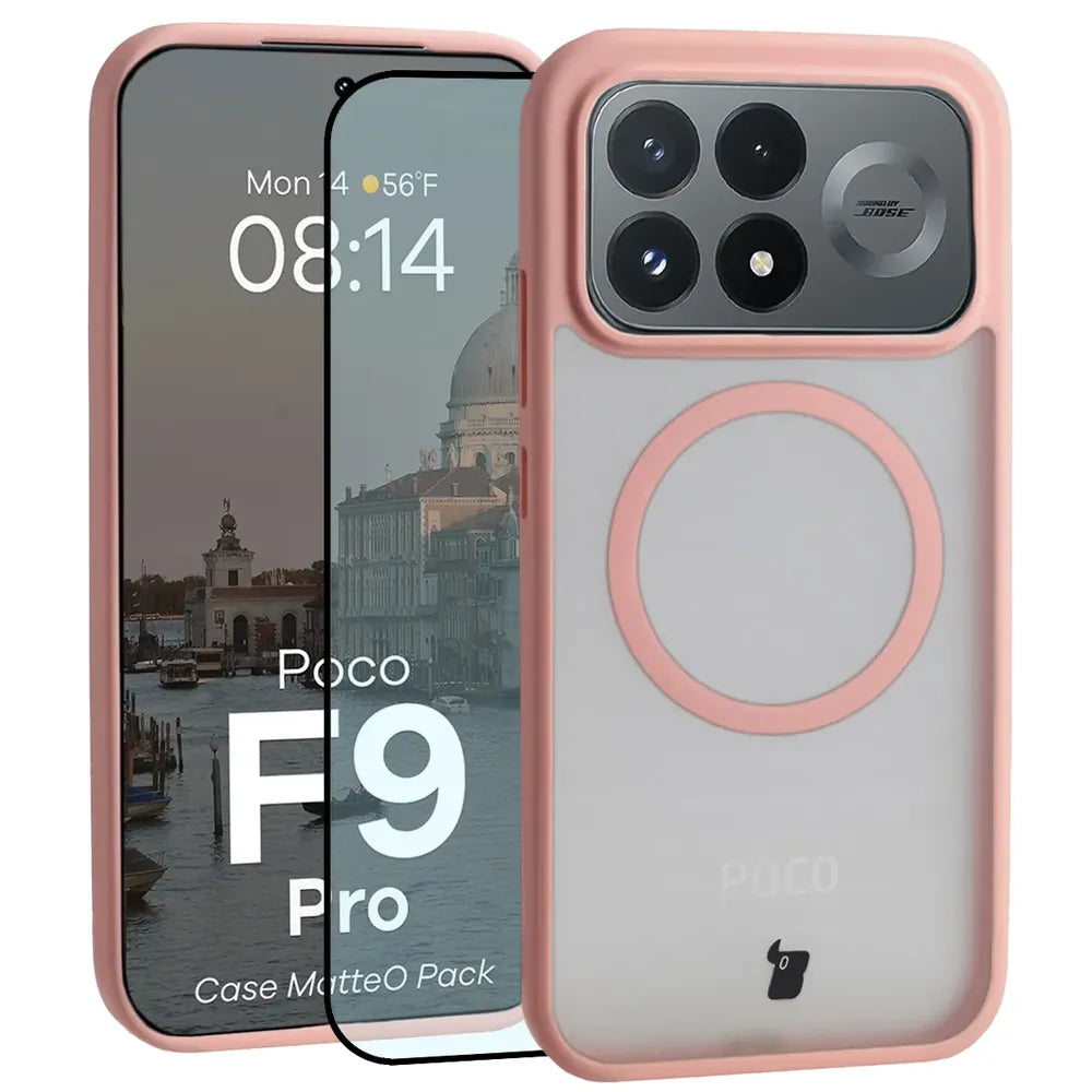 Handyhülle mit Magnetring + gehärtetem Glas für Xiaomi POCO F9 Pro, Bizon MatteO Pack, Getönt-Hellrosa (1/9)