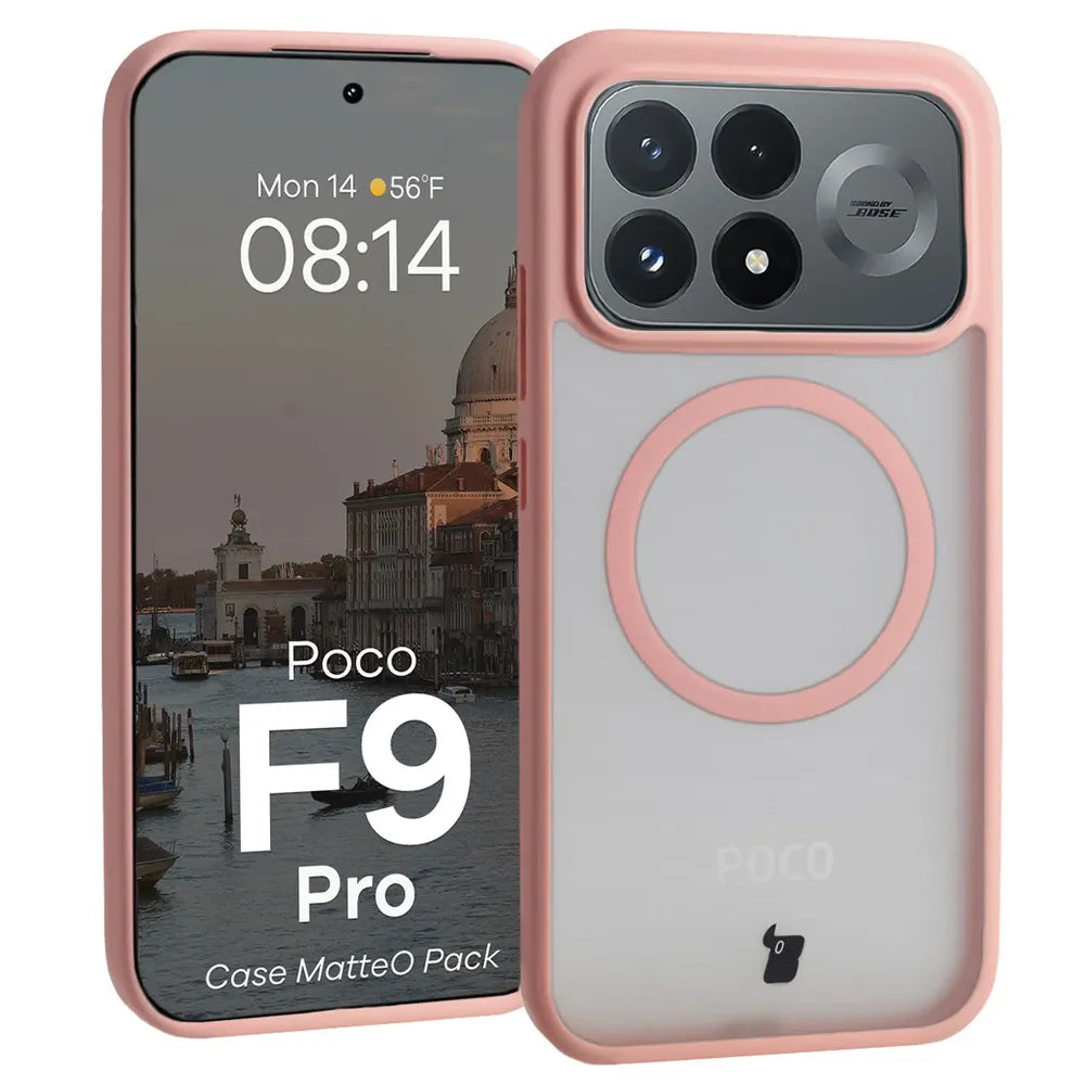 Handyhülle mit Magnetring + gehärtetem Glas für Xiaomi POCO F9 Pro, Bizon MatteO Pack, Getönt-Hellrosa (3/9)