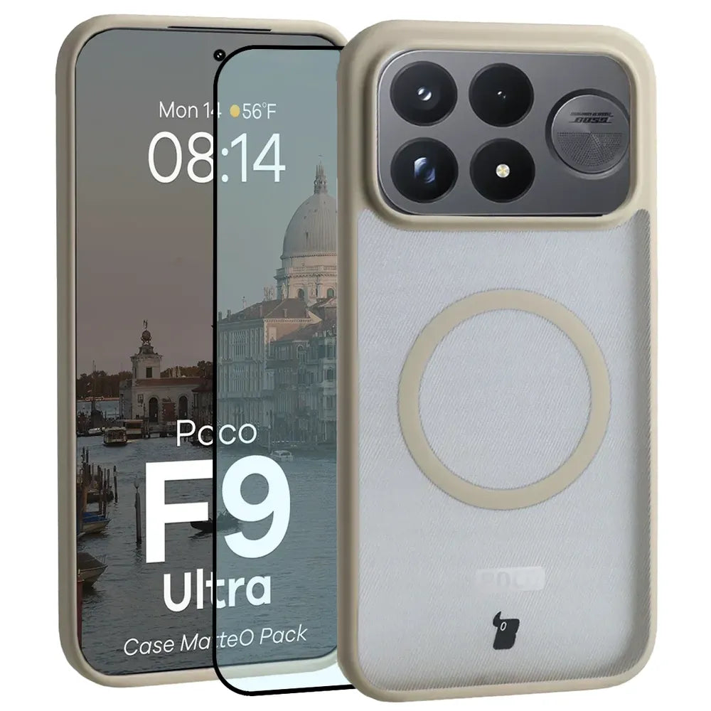Handyhülle mit Magnetring + gehärtetem Glas für Xiaomi POCO F9 Ultra, Bizon MatteO Pack, Getönt-Beige (1/9)
