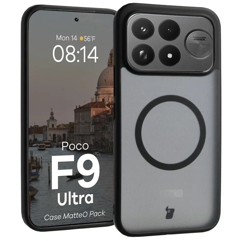 Handyhülle mit Magnetring + gehärtetem Glas für Xiaomi POCO F9 Ultra, Bizon MatteO Pack, Getönt-Schwarz (3/9)