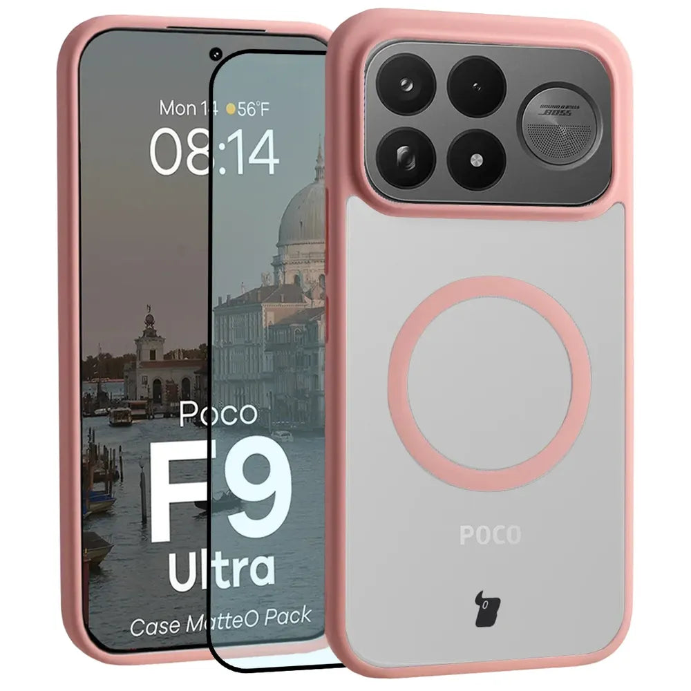 Handyhülle mit Magnetring + gehärtetem Glas für Xiaomi POCO F9 Ultra, Bizon MatteO Pack, Getönt-Hellrosa (1/9)