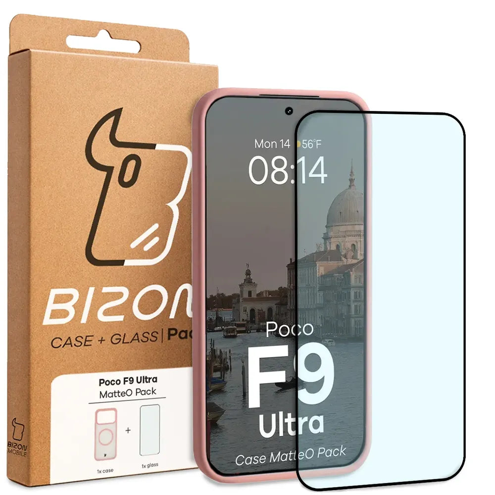 Handyhülle mit Magnetring + gehärtetem Glas für Xiaomi POCO F9 Ultra, Bizon MatteO Pack, Getönt-Hellrosa (9/9)