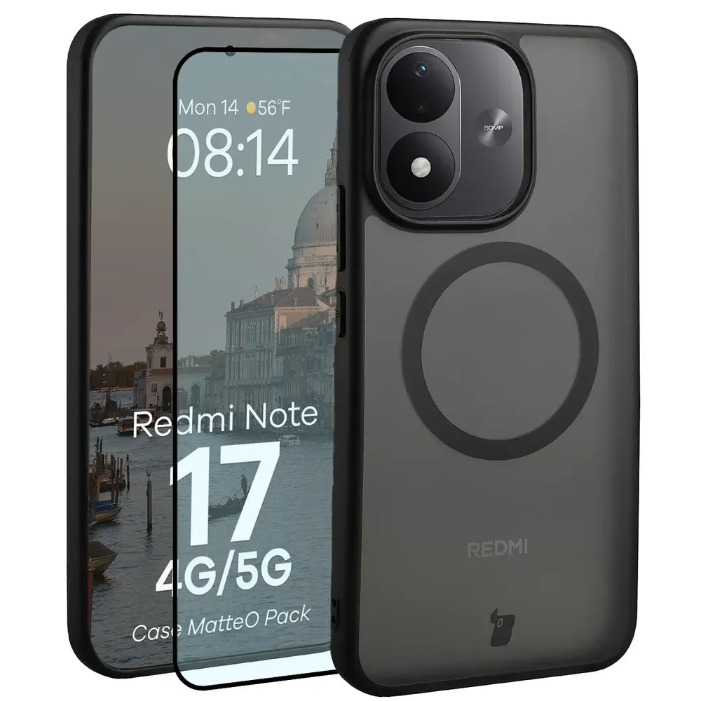 Handyhülle mit Magnetring + gehärtetem Glas für Xiaomi Redmi Note 17 4G/5G, Bizon MatteO Pack, Getönt-Schwarz (1/9)