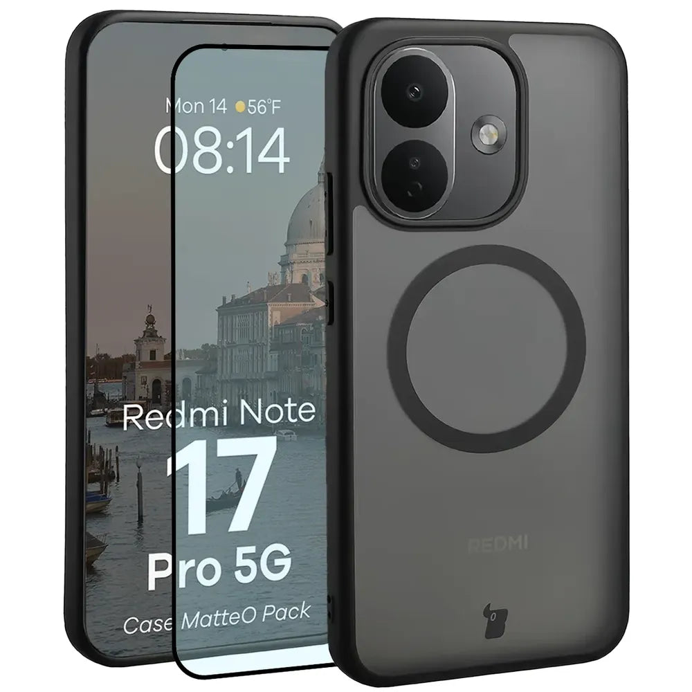 Handyhülle mit Magnetring + gehärtetem Glas für Xiaomi Redmi Note 17 Pro 5G, Bizon MatteO Pack, Getönt-Schwarz (1/9)