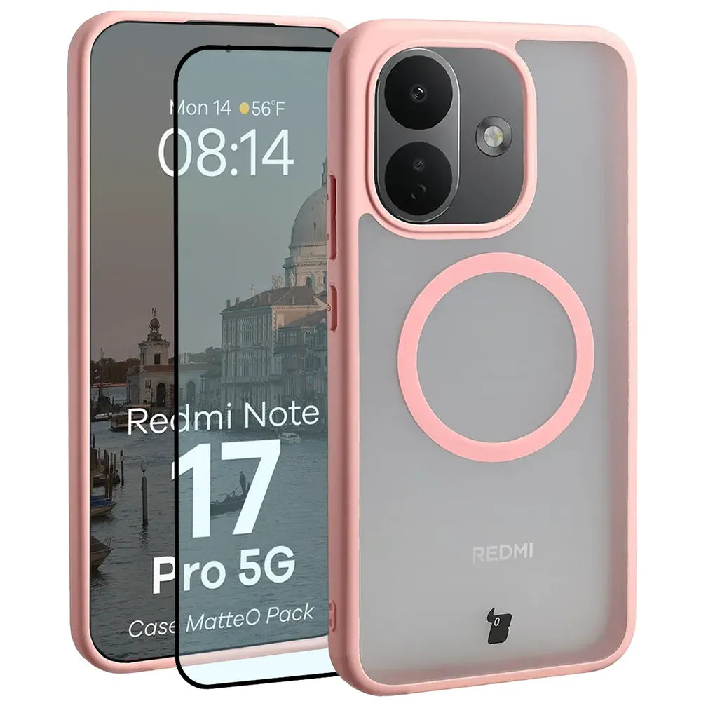 Handyhülle mit Magnetring + gehärtetem Glas für Xiaomi Redmi Note 17 Pro 5G, Bizon MatteO Pack, Getönt-Hellrosa (1/9)