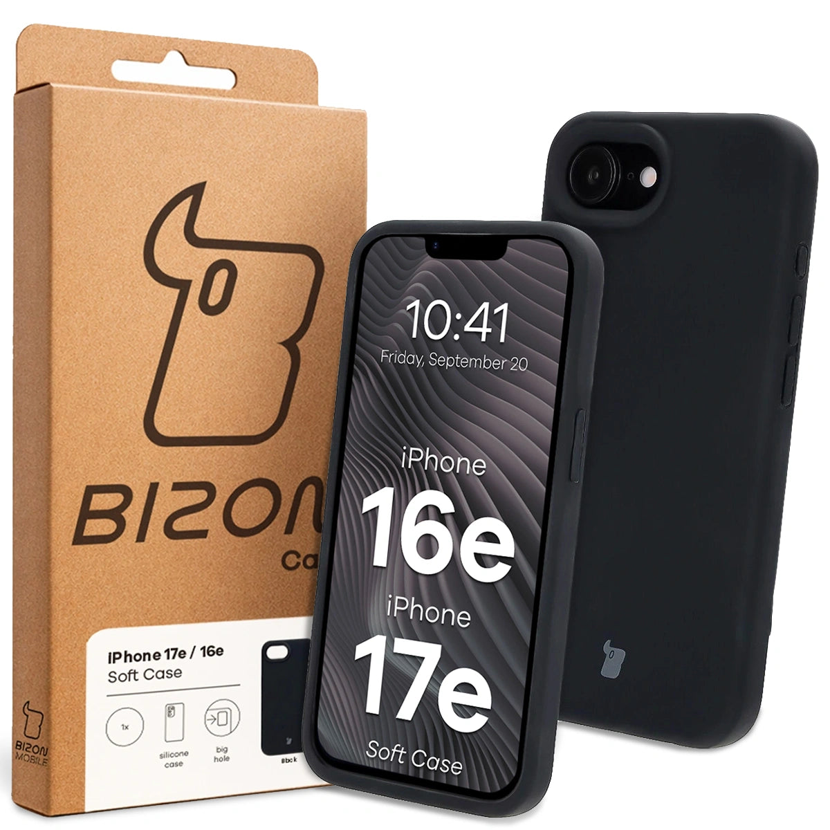 Silikon Handyhülle für iPhone 17e / 16e, Bizon Soft Case, Schwarz