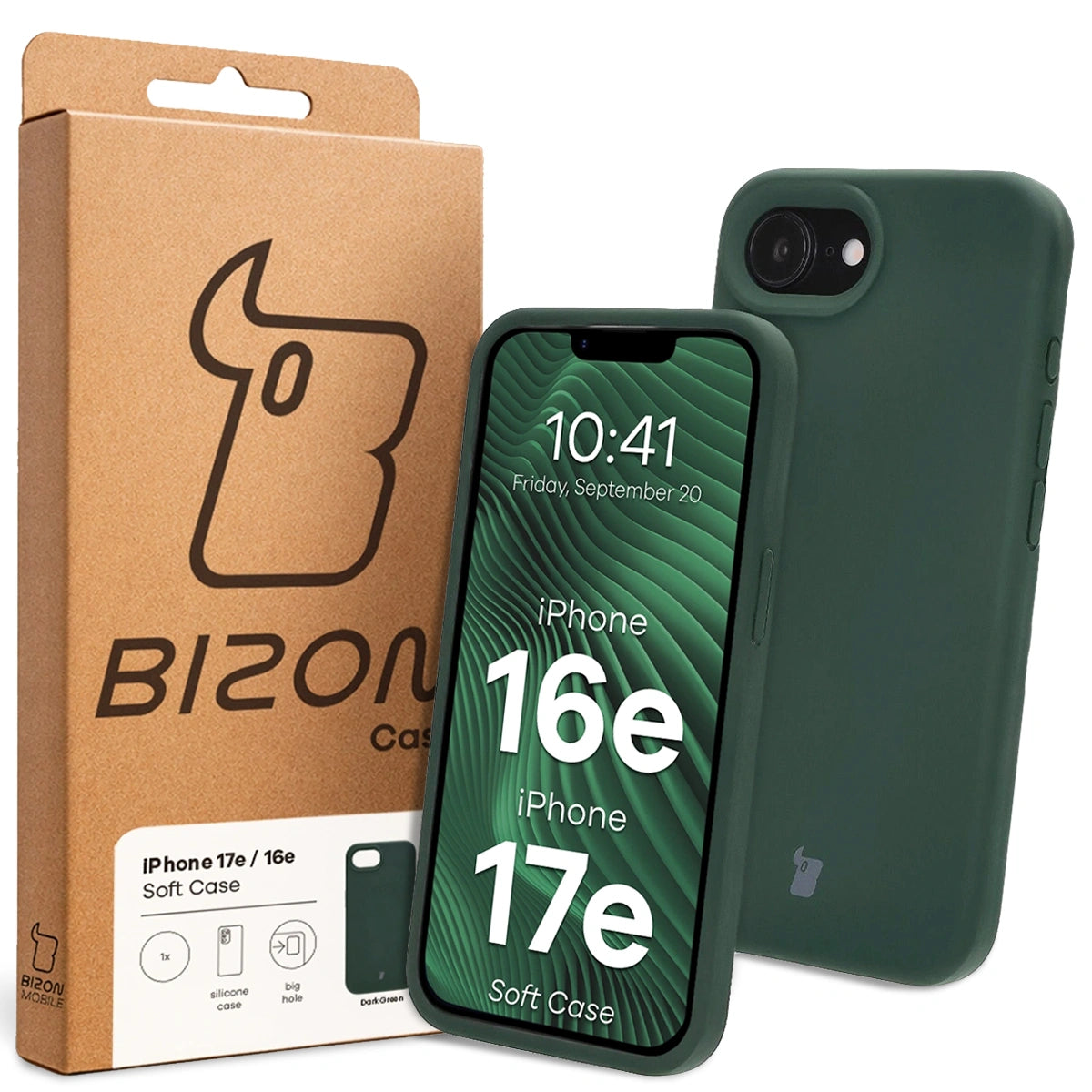 Silikon Handyhülle für iPhone 17e / 16e, Bizon Soft Case, Dunkelgrün