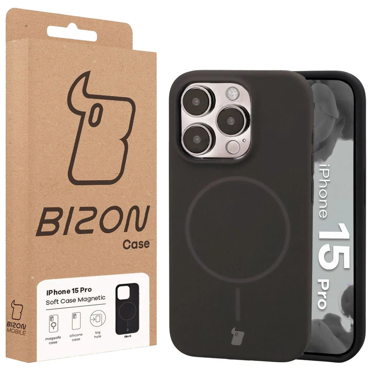 Silikon Handyhülle mit Magnetring für iPhone 15 Pro, Bizon Soft Case Magnetic, Schwarz
