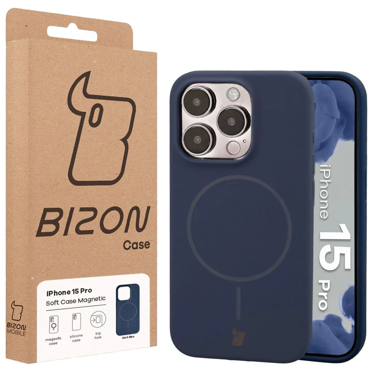 Silikon Handyhülle mit Magnetring für iPhone 15 Pro, Bizon Soft Case Magnetic, Dunkelblau