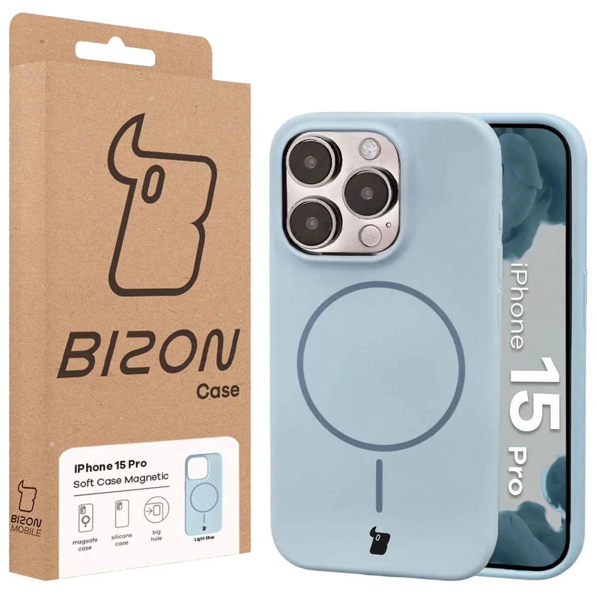 Silikon Handyhülle mit Magnetring für iPhone 15 Pro, Bizon Soft Case Magnetic, Hellblau