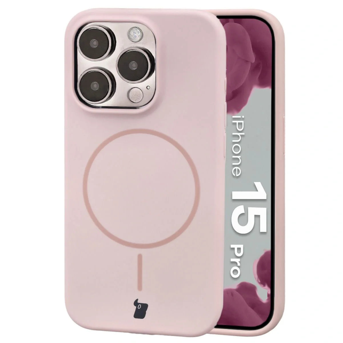 Silikon Handyhülle mit Magnetring für iPhone 15 Pro, Bizon Soft Case Magnetic, Hellrosa