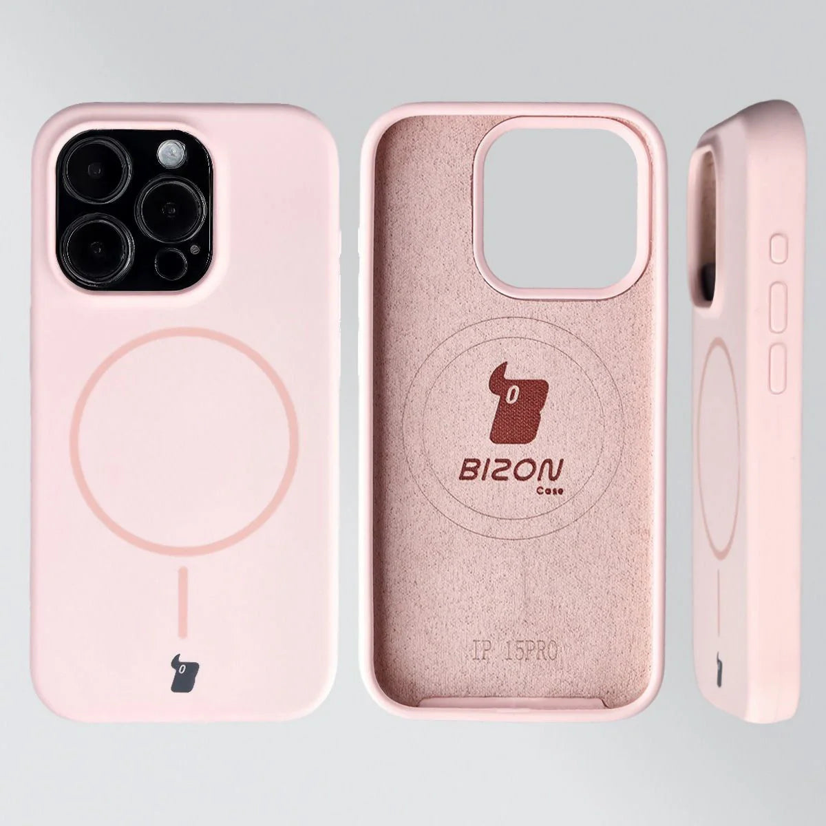 Silikon Handyhülle mit Magnetring für iPhone 15 Pro, Bizon Soft Case Magnetic, Hellrosa