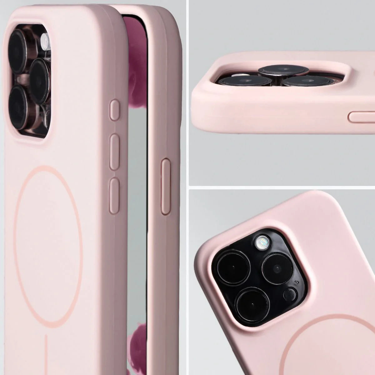Silikon Handyhülle mit Magnetring für iPhone 15 Pro, Bizon Soft Case Magnetic, Hellrosa