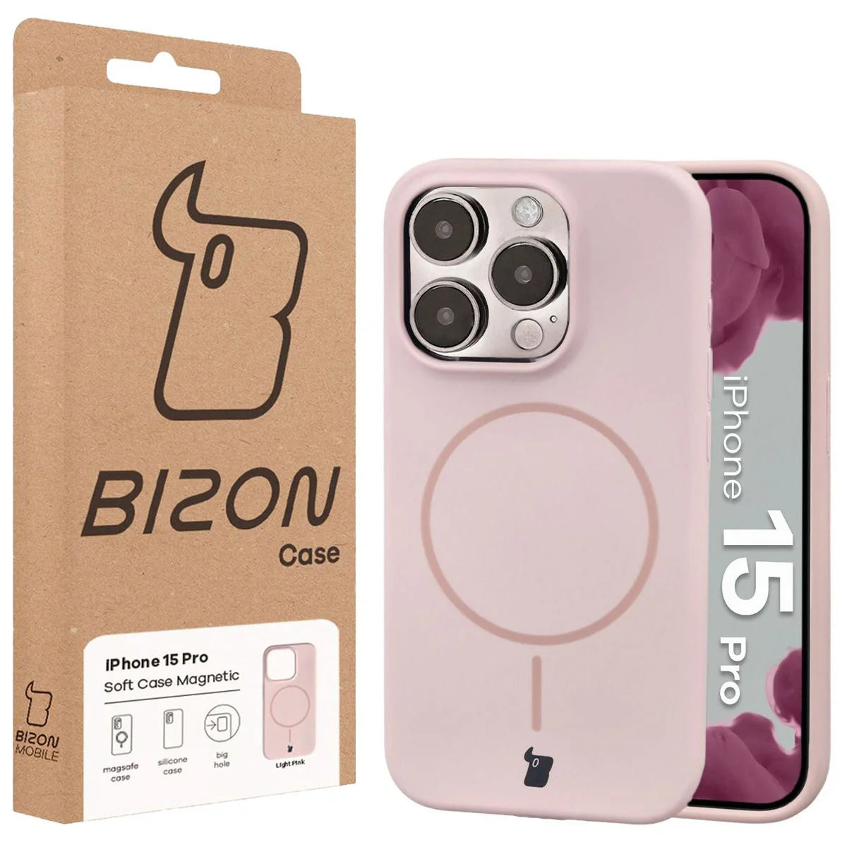 Silikon Handyhülle mit Magnetring für iPhone 15 Pro, Bizon Soft Case Magnetic, Hellrosa