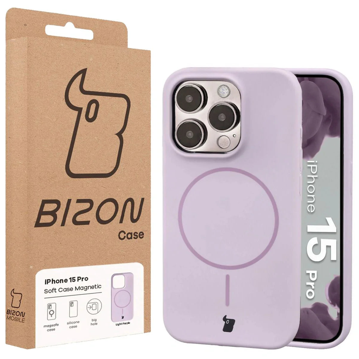Silikon Handyhülle mit Magnetring für iPhone 15 Pro, Bizon Soft Case Magnetic, Hellviolett