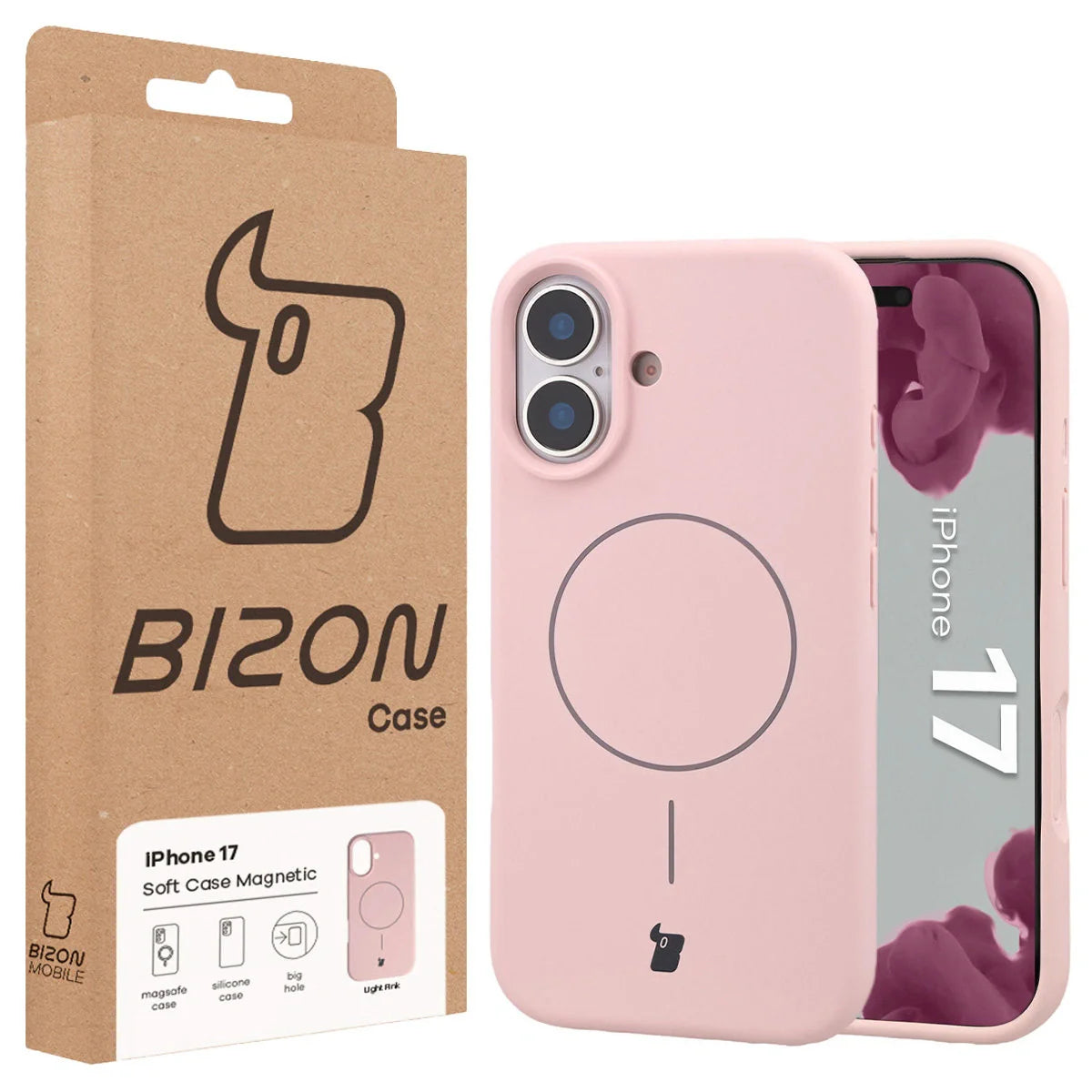 Silikon Handyhülle mit Magnetring für iPhone 17, Bizon Soft Case Magnetic, Hellrosa