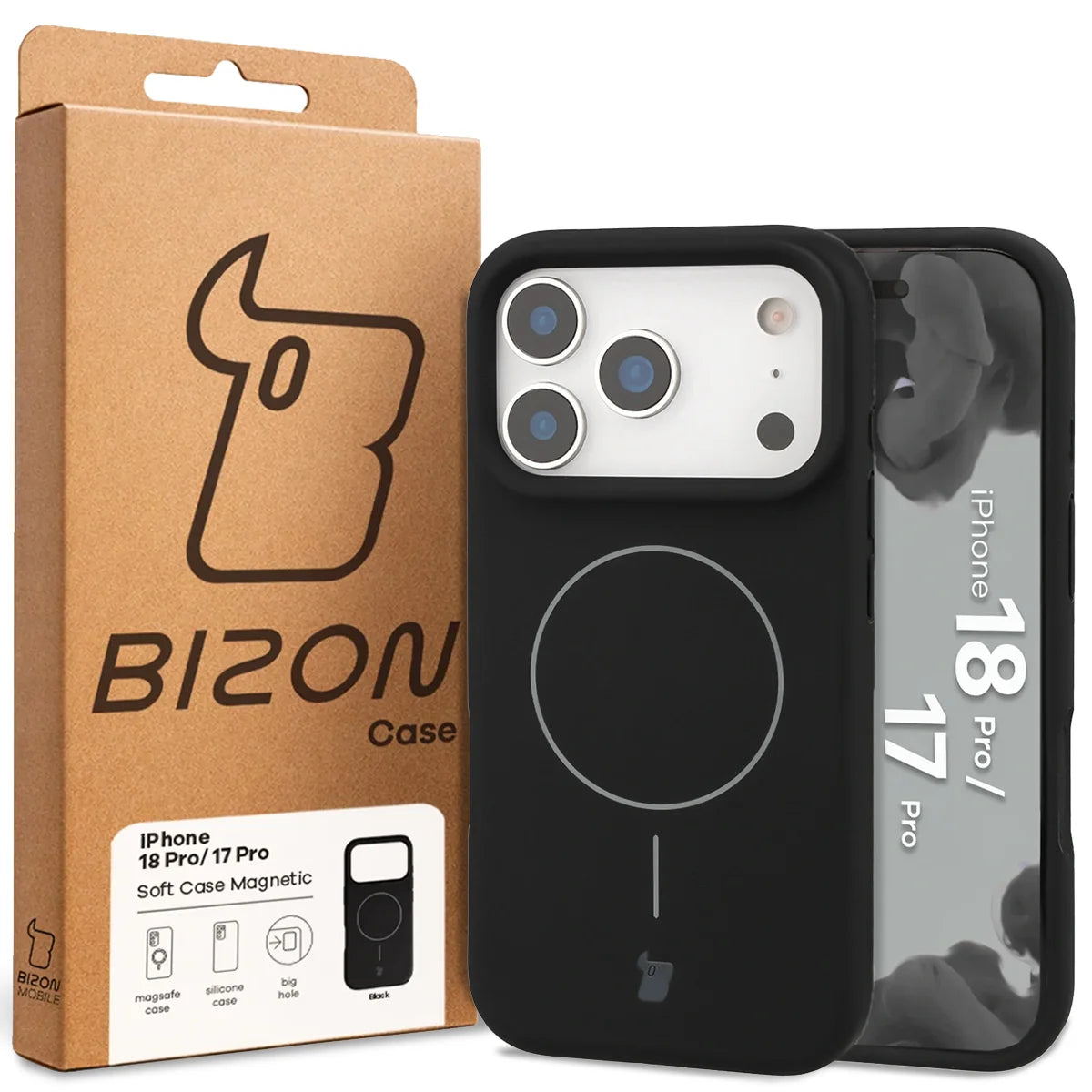 Silikon Handyhülle mit Magnetring für iPhone 18 Pro / 17 Pro, Bizon Soft Case Magnetic, Schwarz