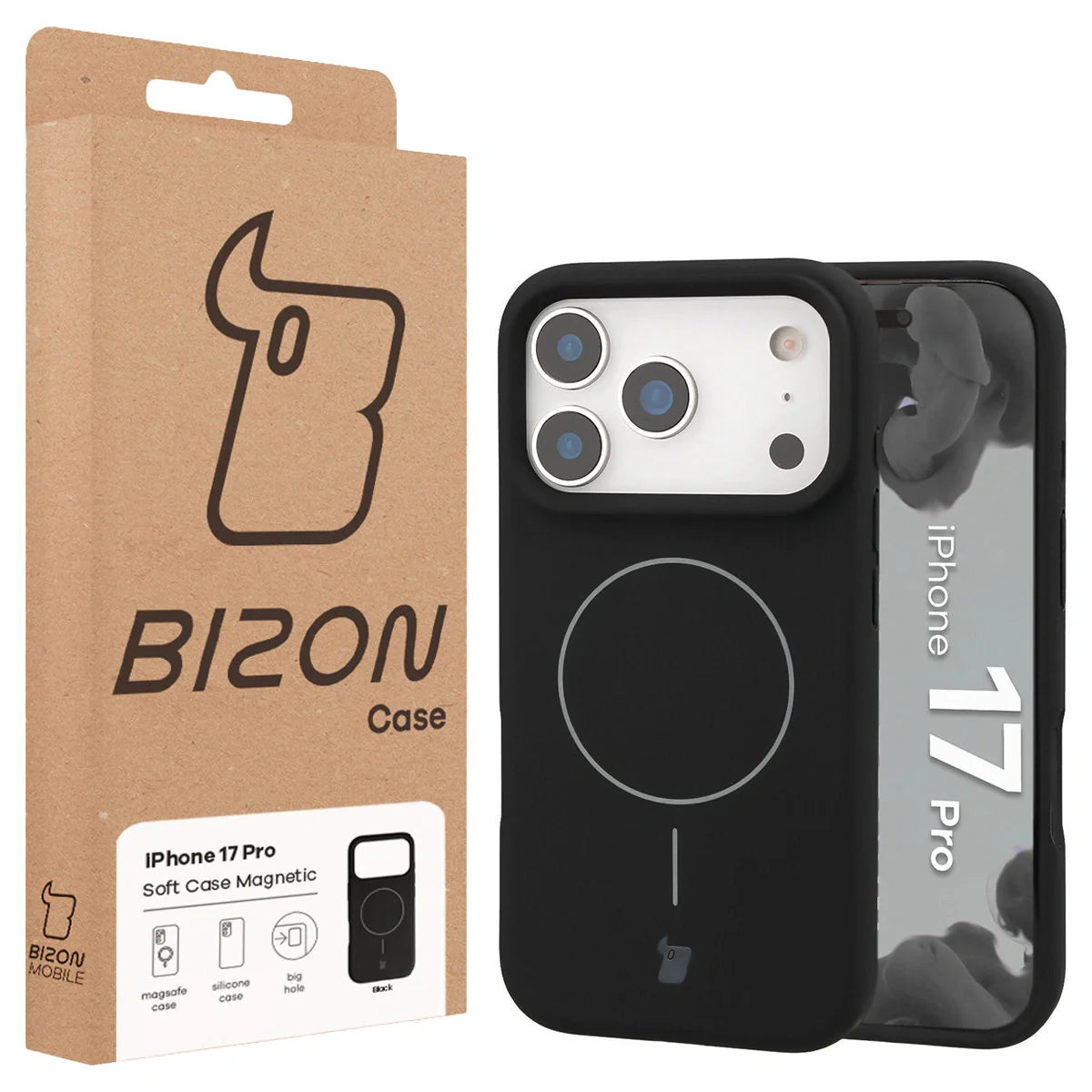 Silikon Handyhülle mit Magnetring für iPhone 17 Pro, Bizon Soft Case Magnetic, Schwarz