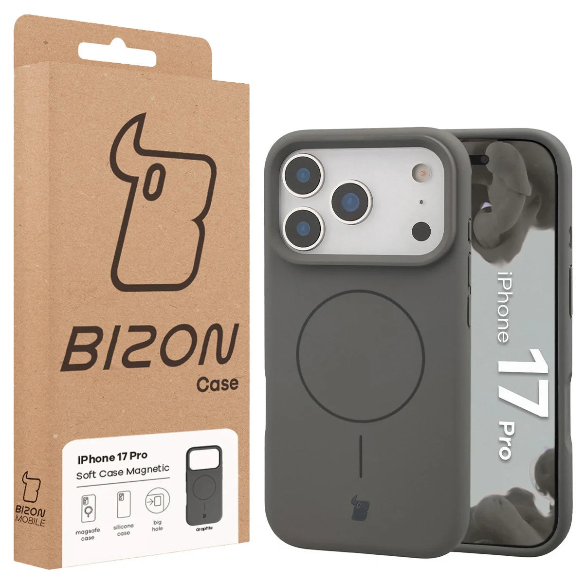 Silikon Handyhülle mit Magnetring für iPhone 17 Pro, Bizon Soft Case Magnetic, Graphitfarben