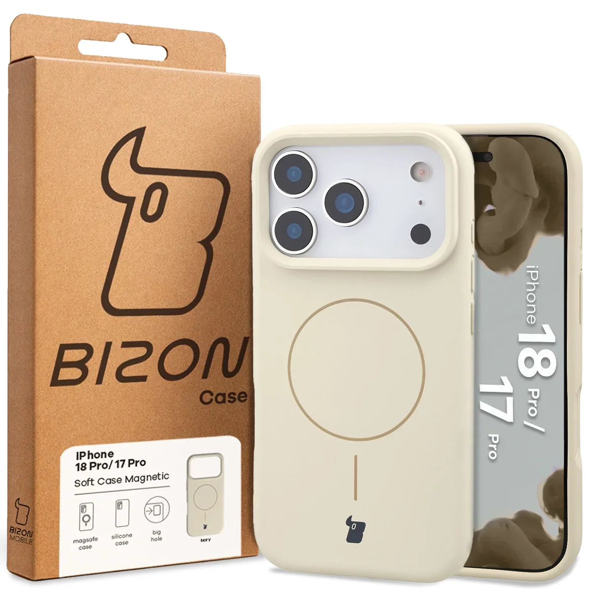 Silikon Handyhülle mit Magnetring für iPhone 18 Pro / 17 Pro, Bizon Soft Case Magnetic, Écru