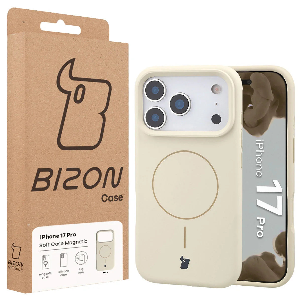 Silikon Handyhülle mit Magnetring für iPhone 17 Pro, Bizon Soft Case Magnetic, Écru