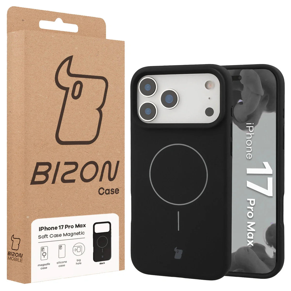 Silikon Handyhülle mit Magnetring für iPhone 17 Pro Max, Bizon Soft Case Magnetic, Schwarz