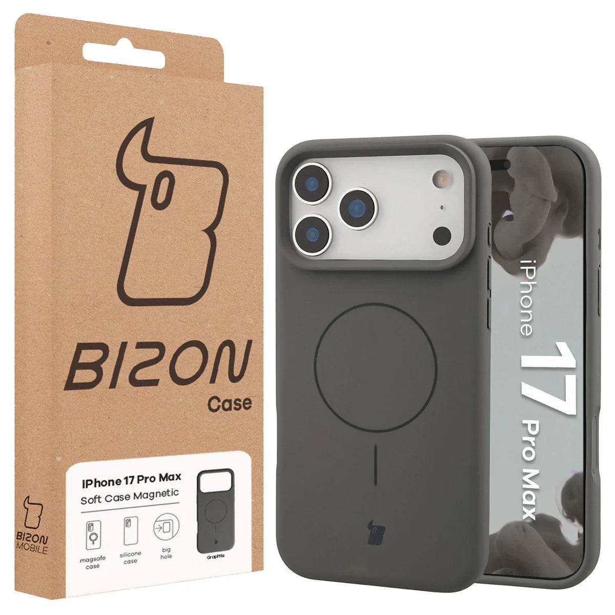 Silikon Handyhülle mit Magnetring für iPhone 17 Pro Max, Bizon Soft Case Magnetic, Graphitfarben