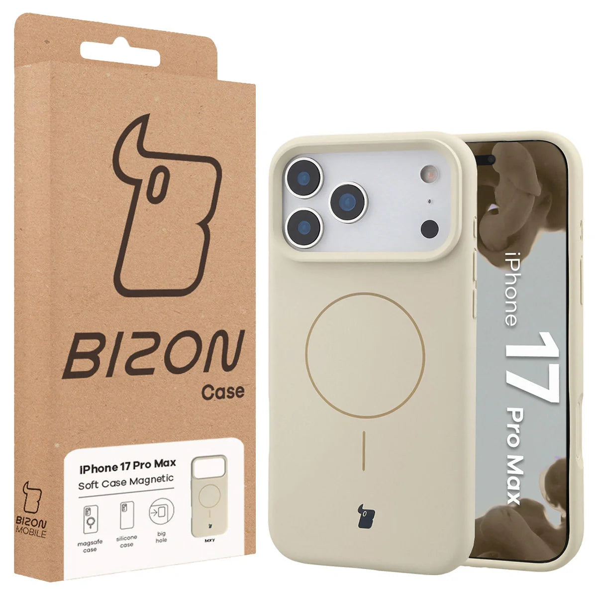 Silikon Handyhülle mit Magnetring für iPhone 17 Pro Max, Bizon Soft Case Magnetic, Écru