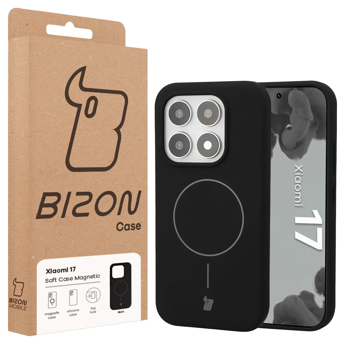 Silikon Handyhülle mit Magnetring für Xiaomi 17, Bizon Soft Case Magnetic, Schwarz
