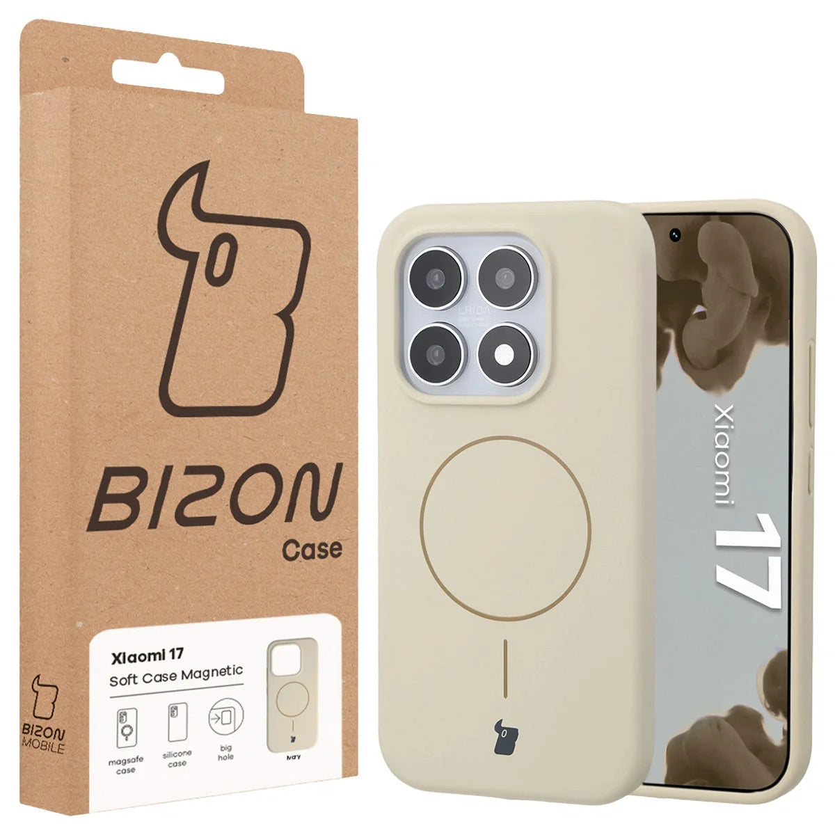 Silikon Handyhülle mit Magnetring für Xiaomi 17, Bizon Soft Case Magnetic, Écru