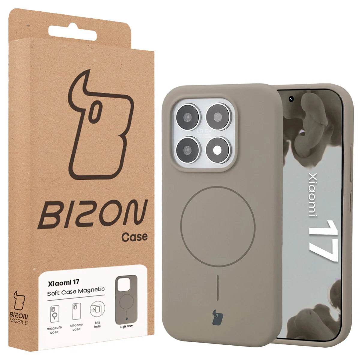 Silikon Handyhülle mit Magnetring für Xiaomi 17, Bizon Soft Case Magnetic, Hellgrau