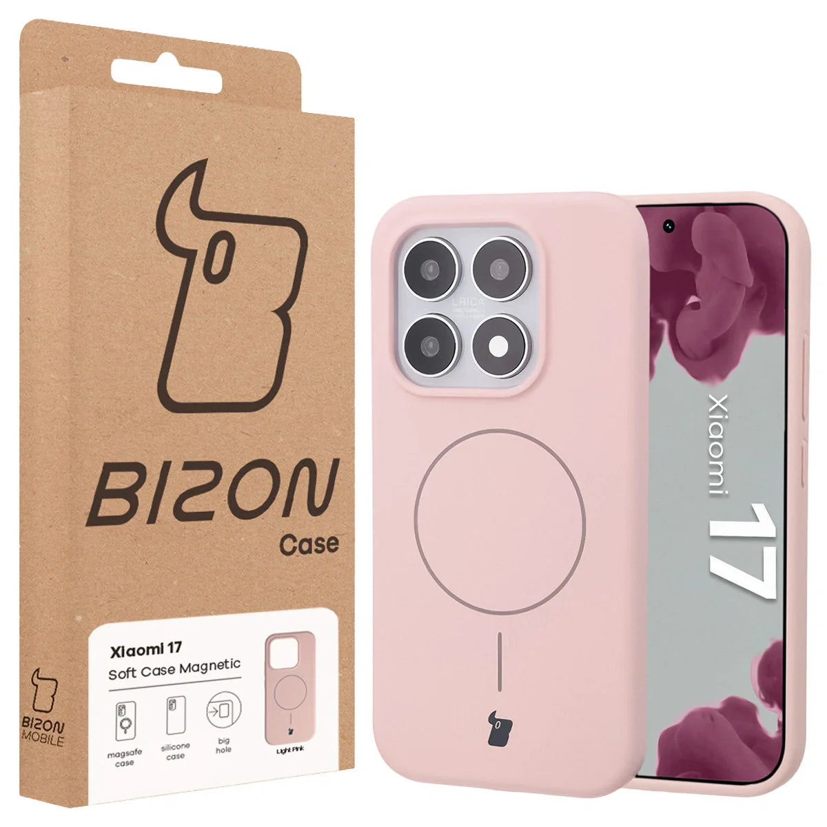 Silikon Handyhülle mit Magnetring für Xiaomi 17, Bizon Soft Case Magnetic, Hellrosa
