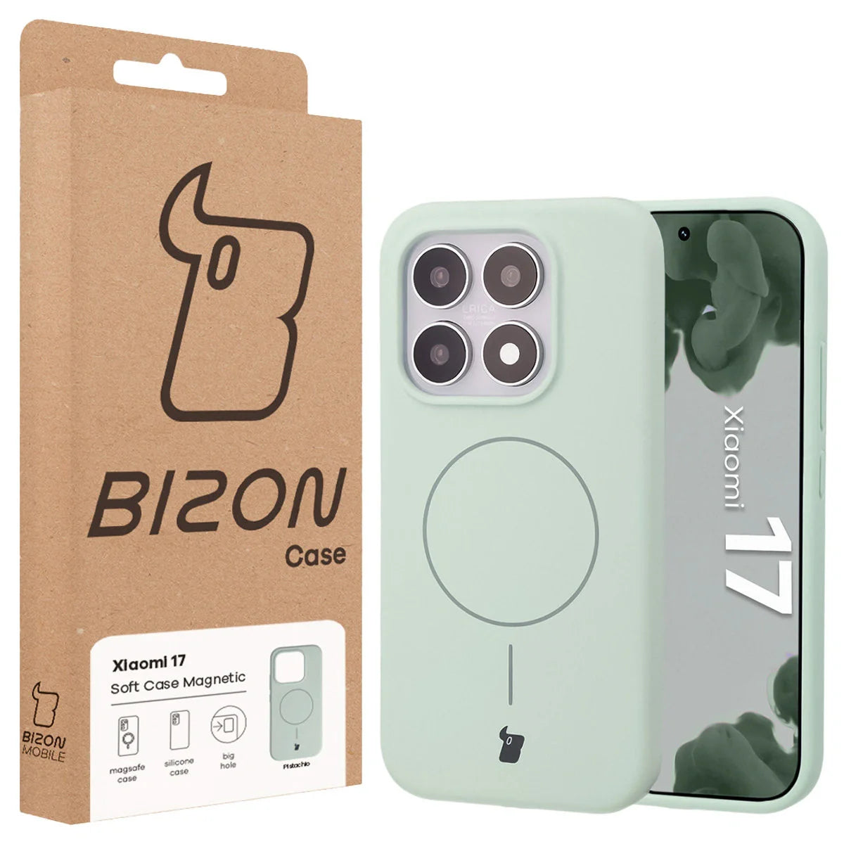 Silikon Handyhülle mit Magnetring für Xiaomi 17, Bizon Soft Case Magnetic, Pistazienfarben