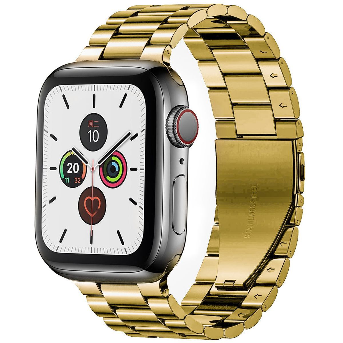 Edelstahl Armband Bizon Strap für Apple Watch 41/40/38 mm in Gold, kombiniert mit der Uhr, elegant und funktional.
