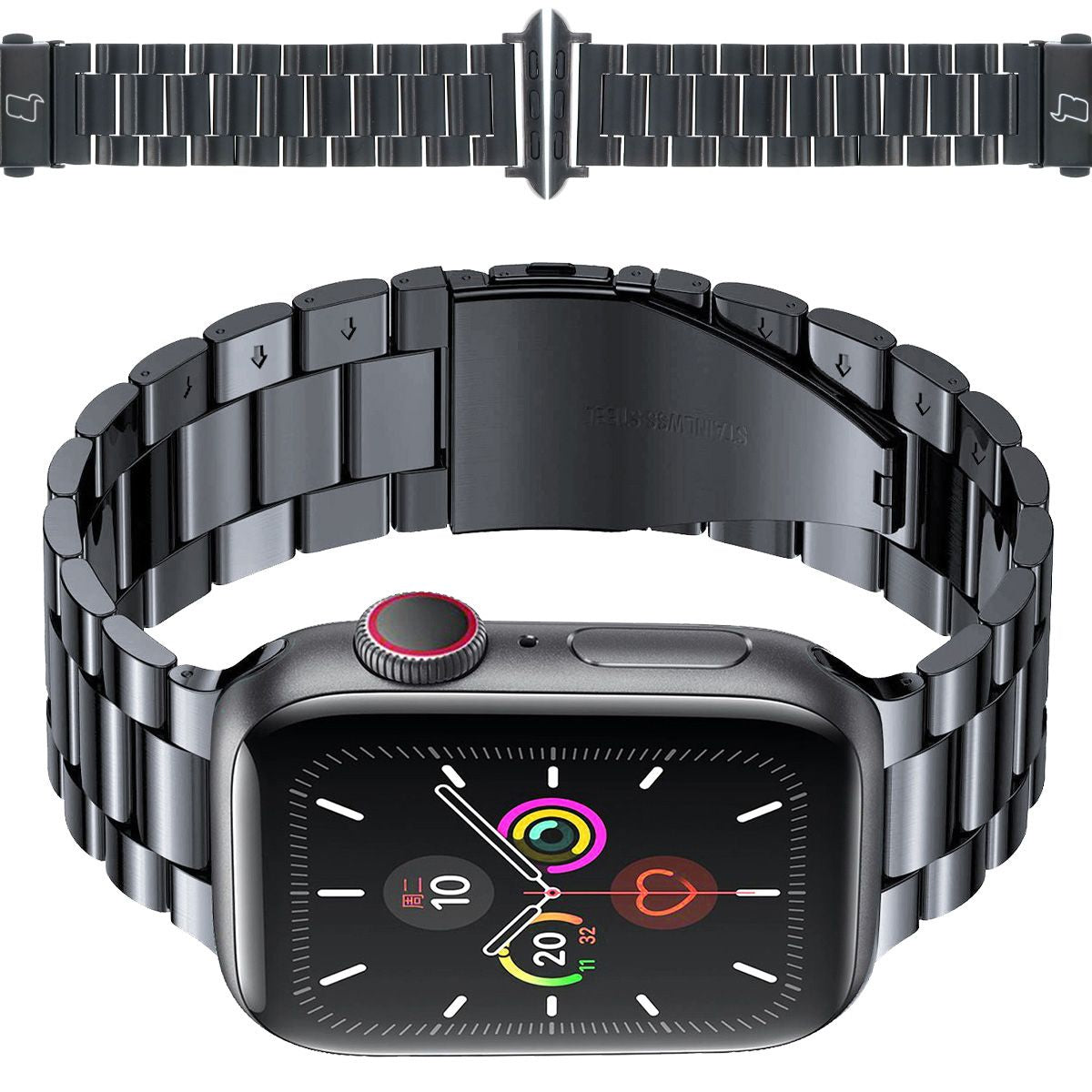 Edelstahl Armband Bizon Strap für Apple Watch, kompatibel mit 49/46/45/44/42 mm, elegantes Design in Schwarz.