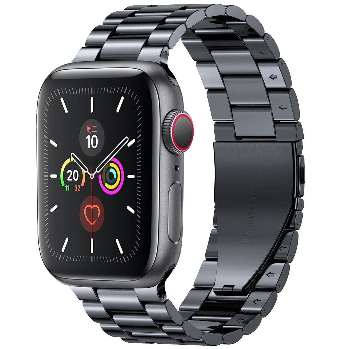 Edelstahl Armband Bizon Strap für Apple Watch, präsentiert in Schwarz, stimmig mit modernen Funktionen.