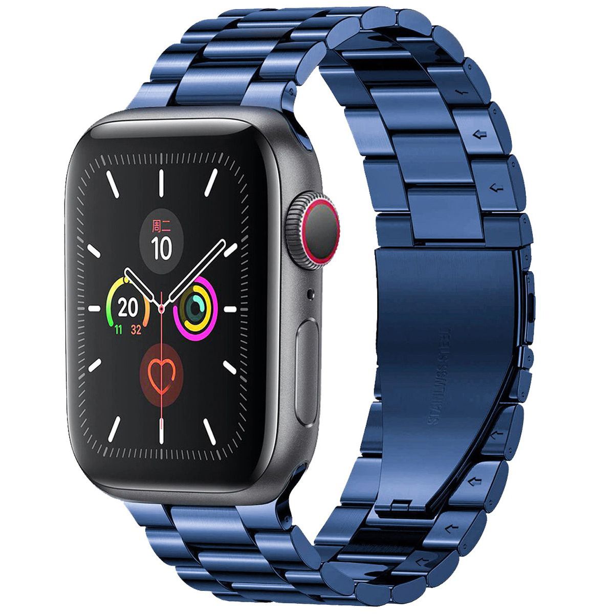 Edelstahl Armband in Blau für Apple Watch, passend für Modelle 49/46/45/44/42 mm, zeigt elegantes Design.
