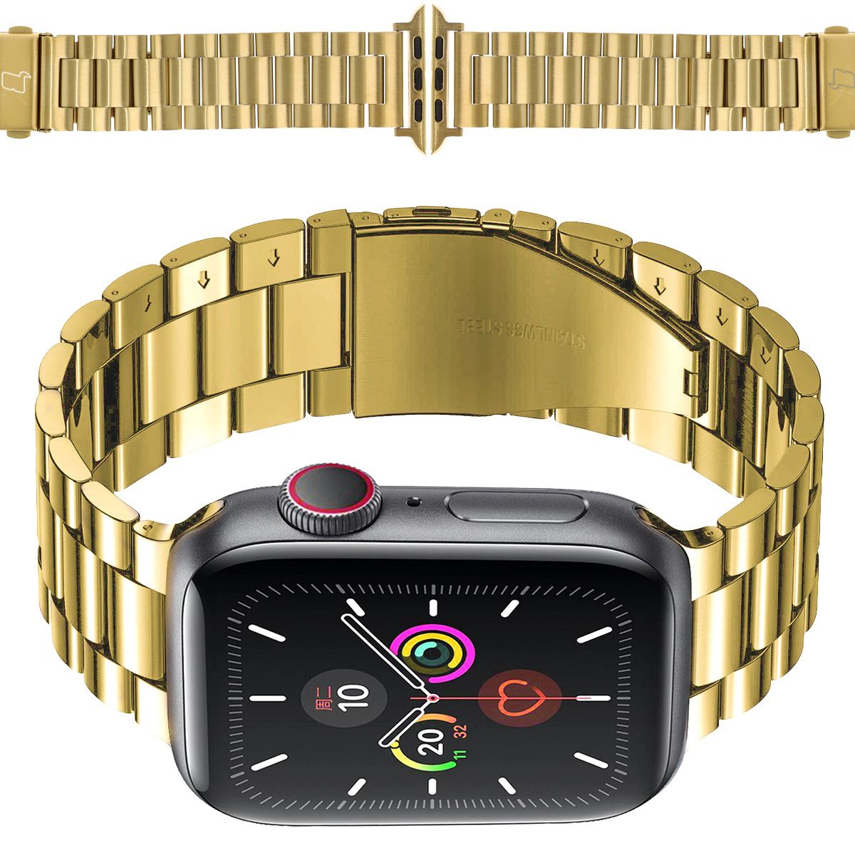 Edelstahl Armband in Gold für Apple Watch, Modell Bizon Strap Watch Aura, zeigt elegantes Design und hohe Qualität.