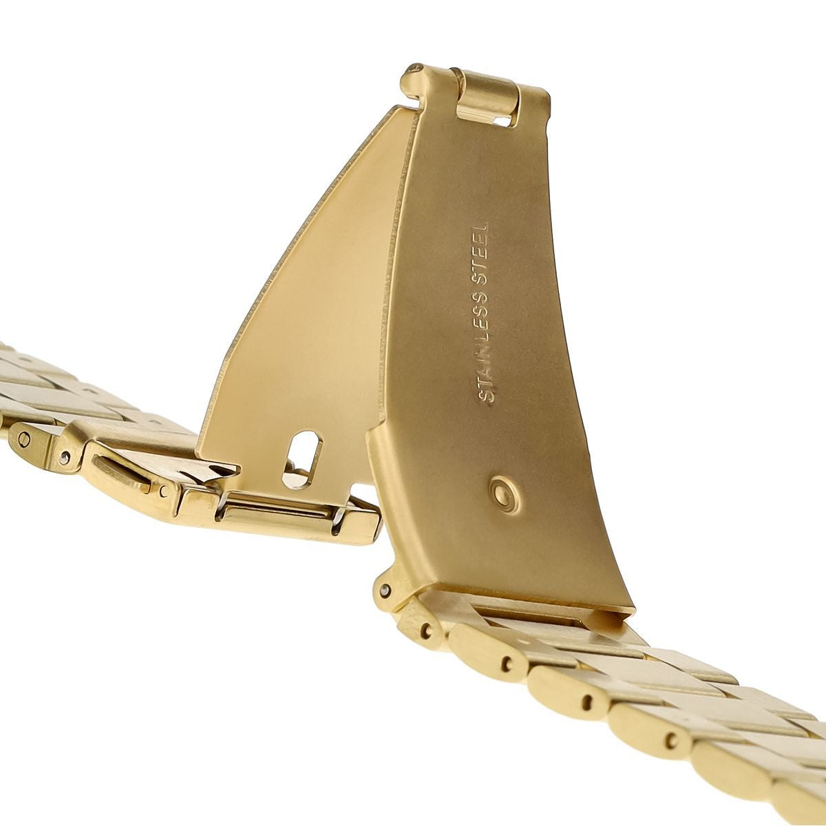 Gold stainless steel clasp of Bizon Strap Watch Aura for Apple Watch, showcasing durability and elegance.