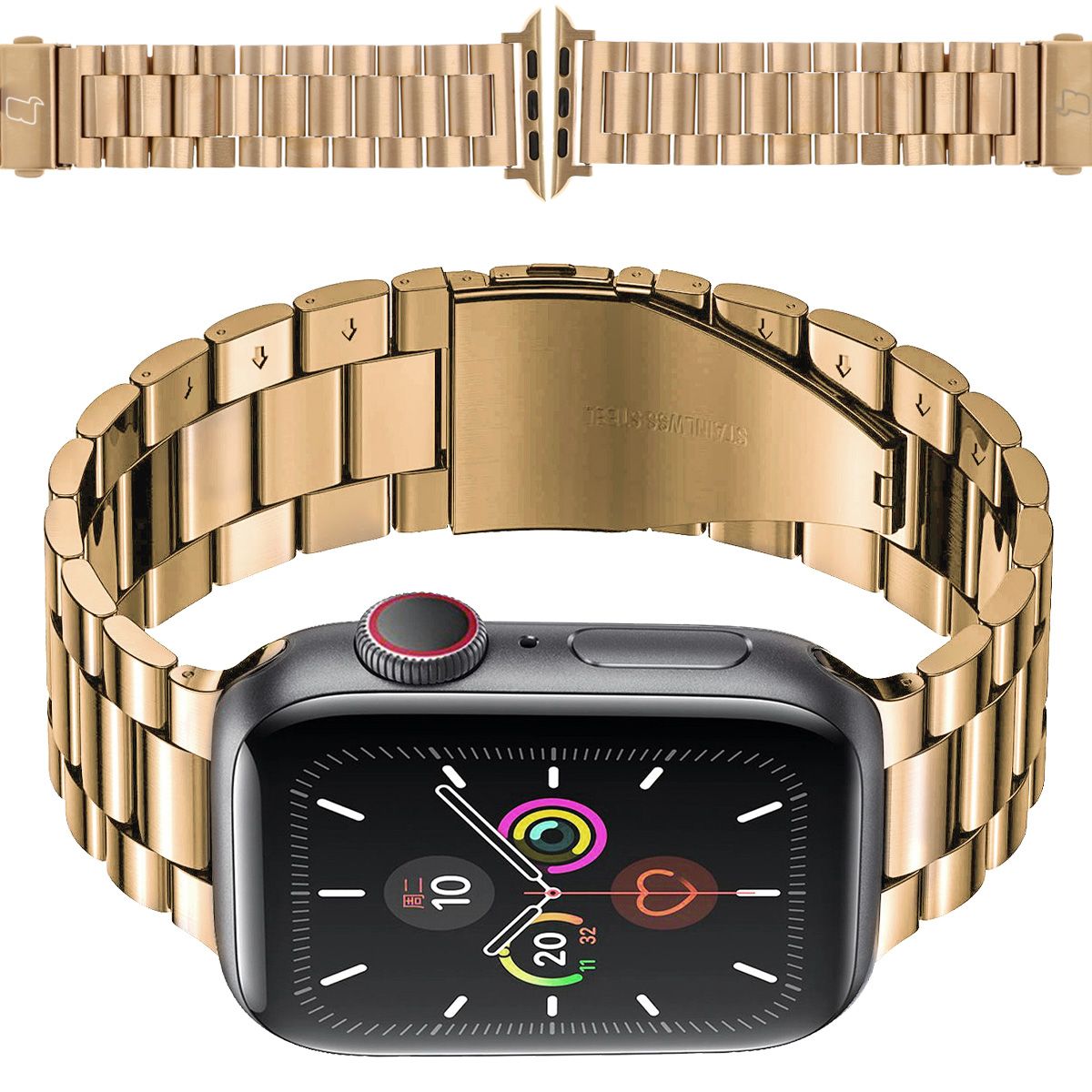 Edelstahl Armband in Rosa Gold für Apple Watch, elegantes Design und perfekte Passform für Modelle 42-49 mm.