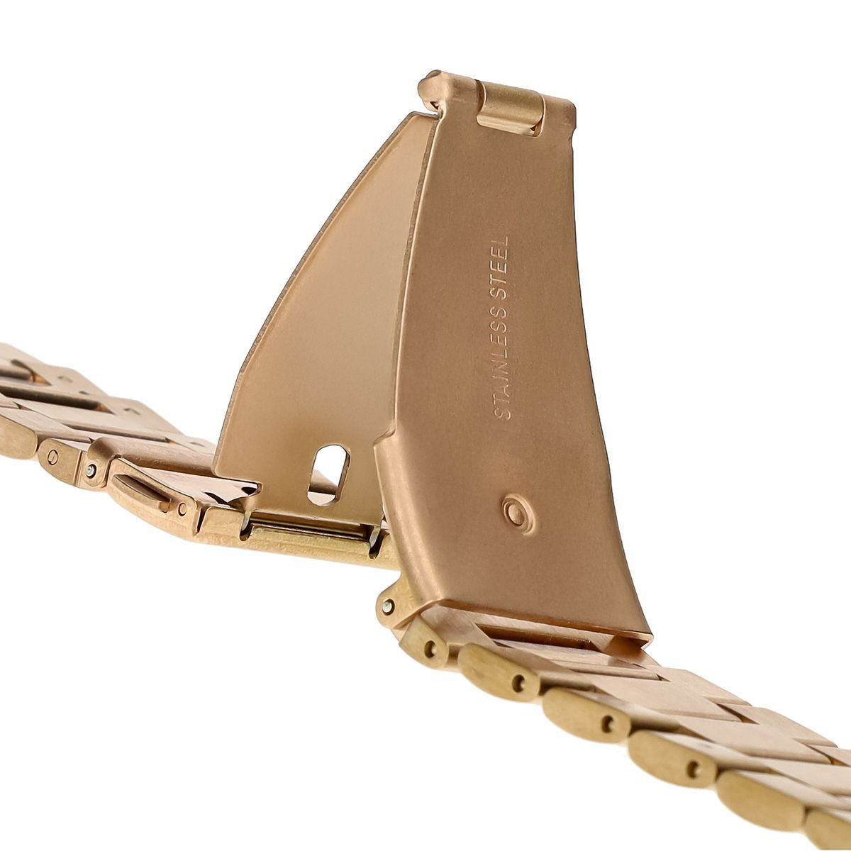 Detail view of the clasp mechanism on a rose gold stainless steel watch band for Apple Watch.