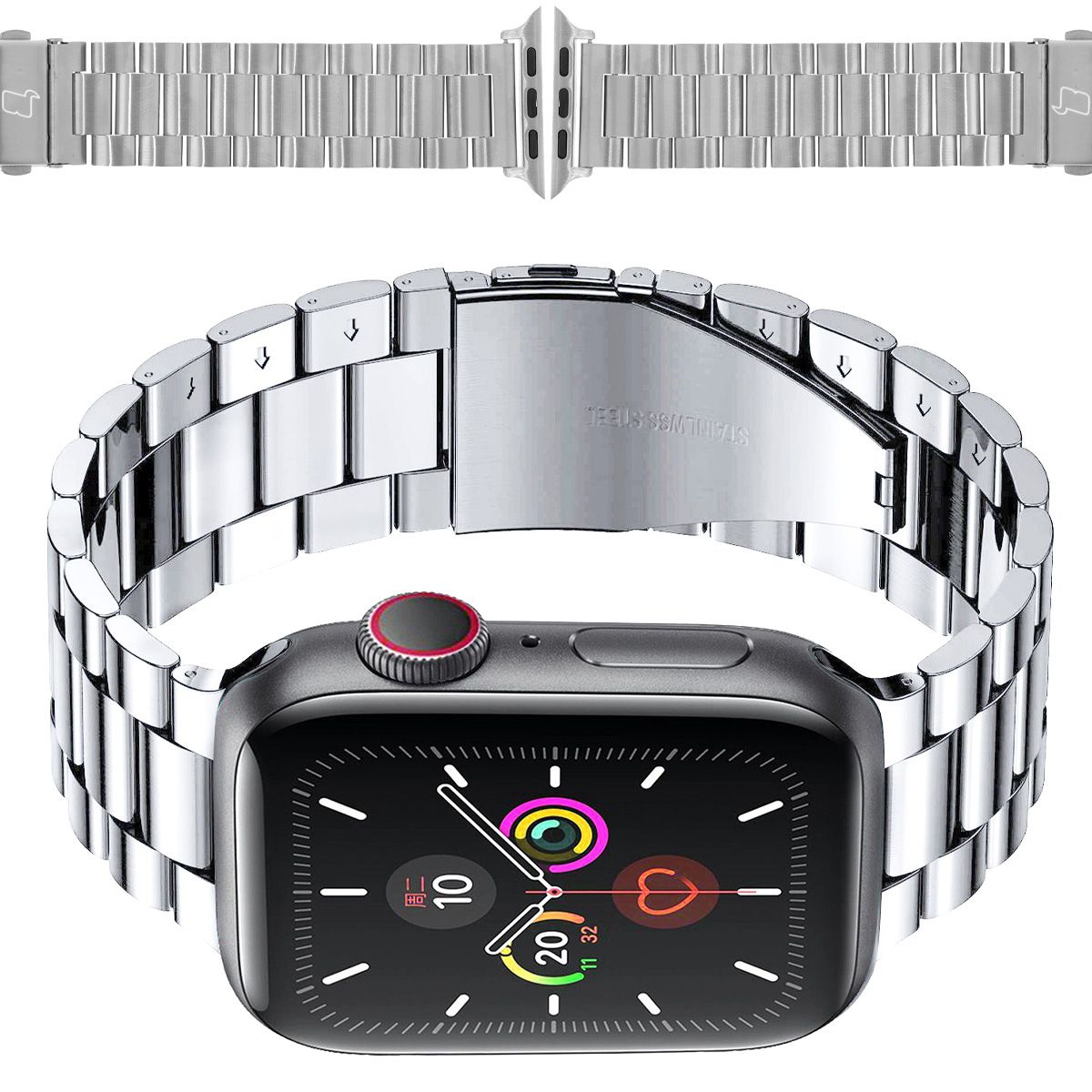 Edelstahl Armband für Apple Watch 49/46/45/44/42 mm, Bizon Strap Watch Aura in Silber, elegant und robust.