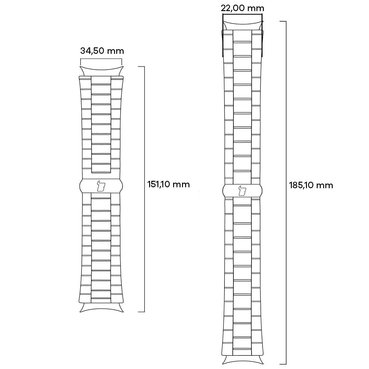 Technical drawing of Bizon Strap Watch Aura, dimensions: 34.5 mm wide, 151.1 mm long, and 22 mm thick for Apple Watch.