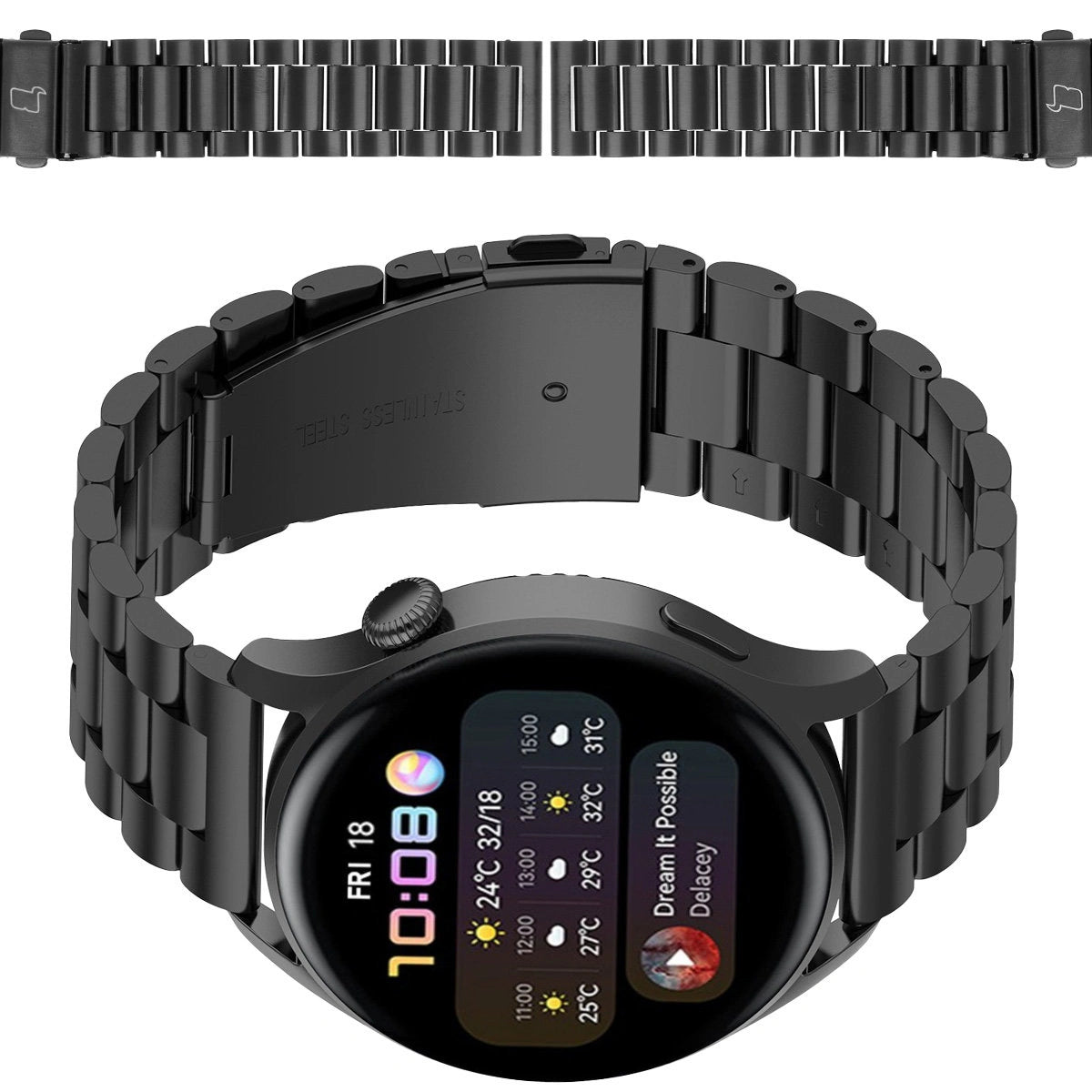 Edelstahl Armband für Smartwatch, Bizon Strap Watch Aura, QuickRelease 20 mm, Schwarz