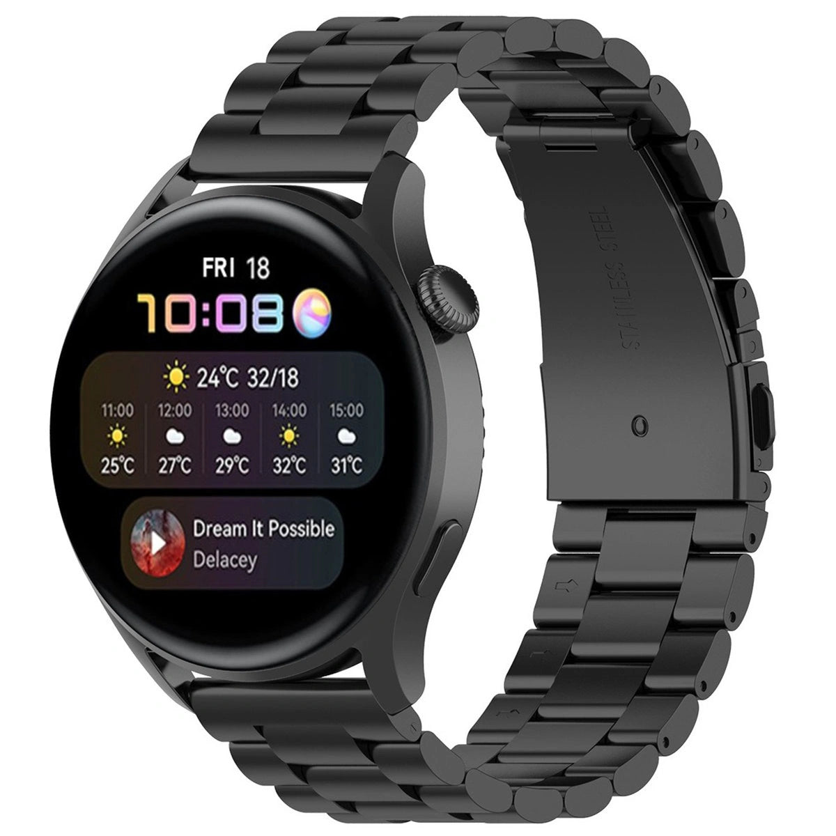 Edelstahl Armband für Smartwatch, Bizon Strap Watch Aura, QuickRelease 20 mm, Schwarz