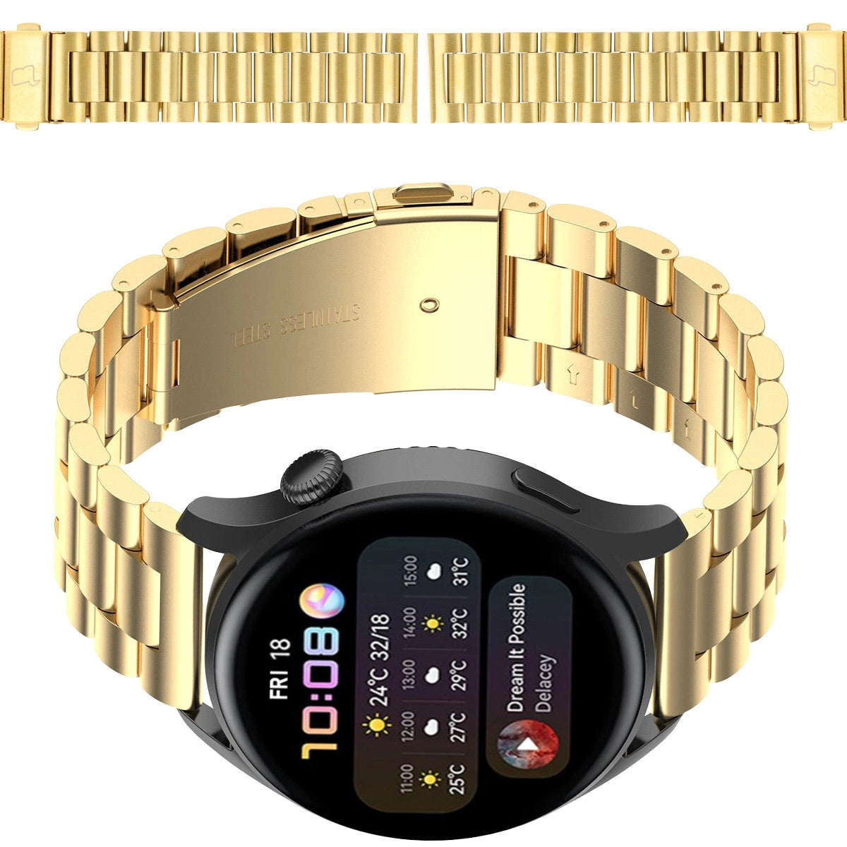 Edelstahl Armband für Smartwatch, Bizon Strap Watch Aura, QuickRelease 20 mm, Golden