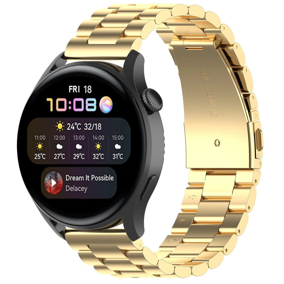 Edelstahl Armband für Smartwatch, Bizon Strap Watch Aura, QuickRelease 20 mm, Golden